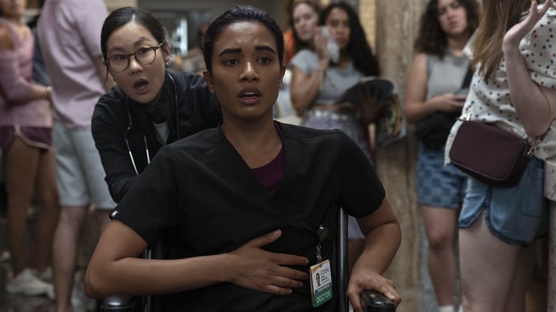 Samira having a panic attack in a wheelchair on The Pitt