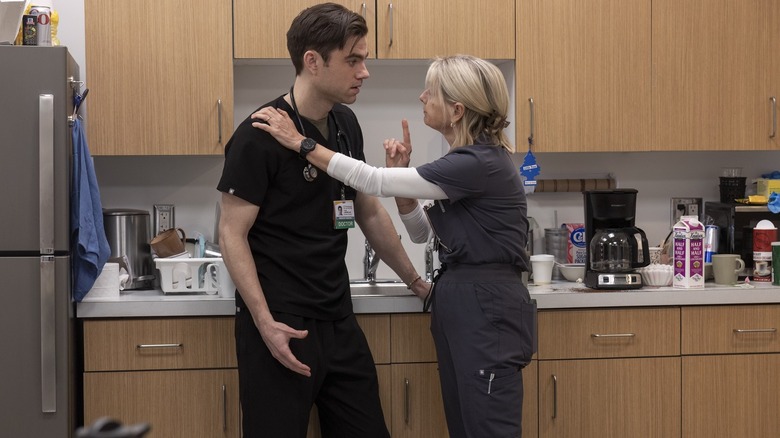 Langdon and Dana arguing in the break room on The Pitt