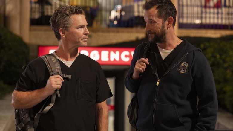 Abbot and Robby leaving their shift looking at each other on The Pitt