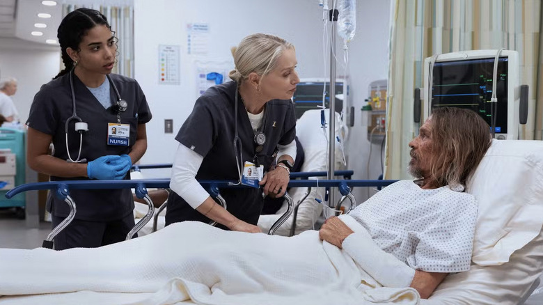 Dana and Emma speak with Digby in his patient bed in The Pitt season 2