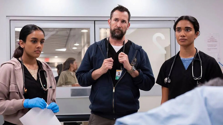 Shabana Azeez as Javadi, Noah Wyle as Dr. Robby, and Supriya Ganesh as Dr. Mohan on The Pitt