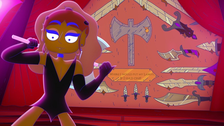 A lesbian queen showing off her collection of bladed weapons (sans labrys) in Lesbian Space Princess