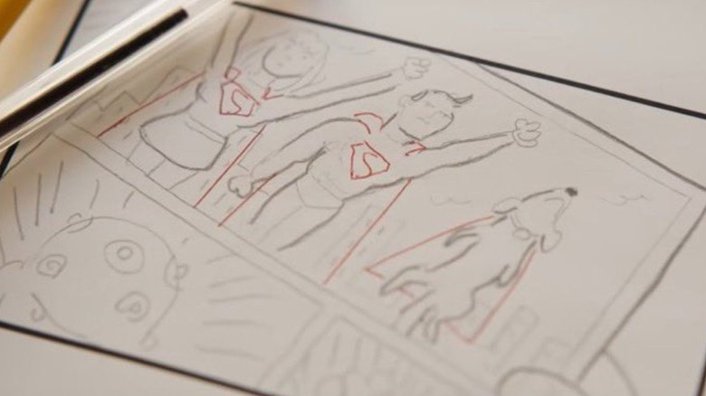 Adventures in Making Superman sketch of Superman, Supergirl, and Krypto flying