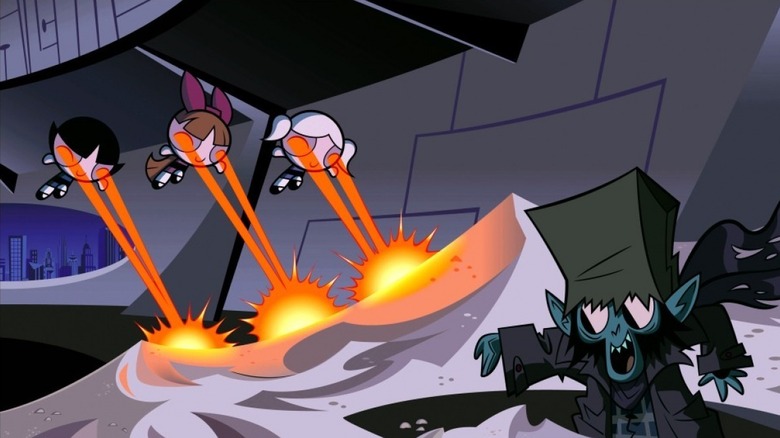 The Powerpuff Girls shooting lasers from their eyes in The Powerpuff Girls
