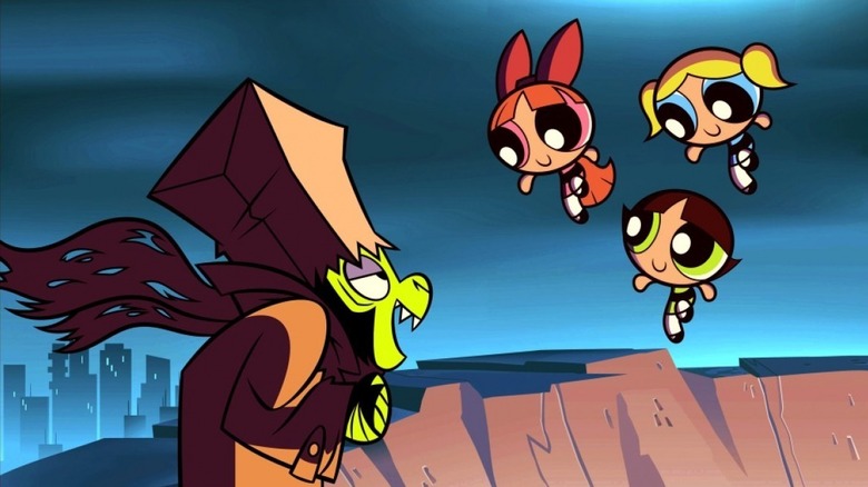 Bubbles, Blossom, and Bubblegum talking to Mojo Jojo at night in The Powerpuff Girls