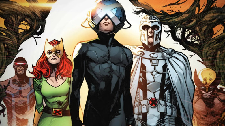 Cyclops, Jean Grey, Professor X, Magneto, and Wolverine walking out of portal onto Krakoa from House of X/Powers of X: