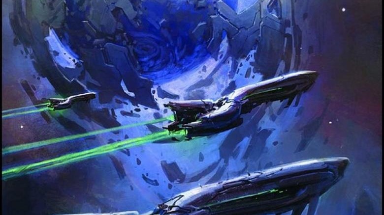 Halo Broken Circle cover spaceships fly past blue planet surrounded by metal plates