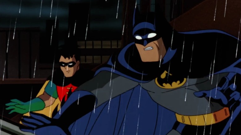 Batman: The Animated Series - Batman and Robin on rooftop during rain