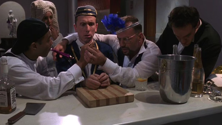 Norman and Leo explain the basic party game to Ted while Angela and Chester look in four rooms