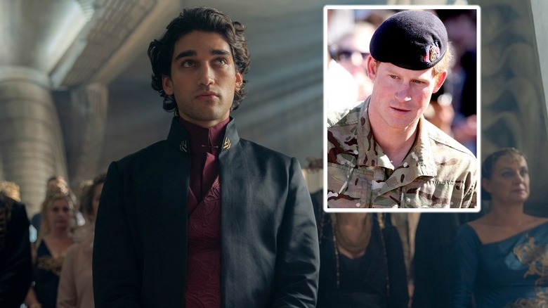Josh Heuston as Constance Corrino, standing in court, in Dune: Prophecy, with a picture of Prince Harry embedded