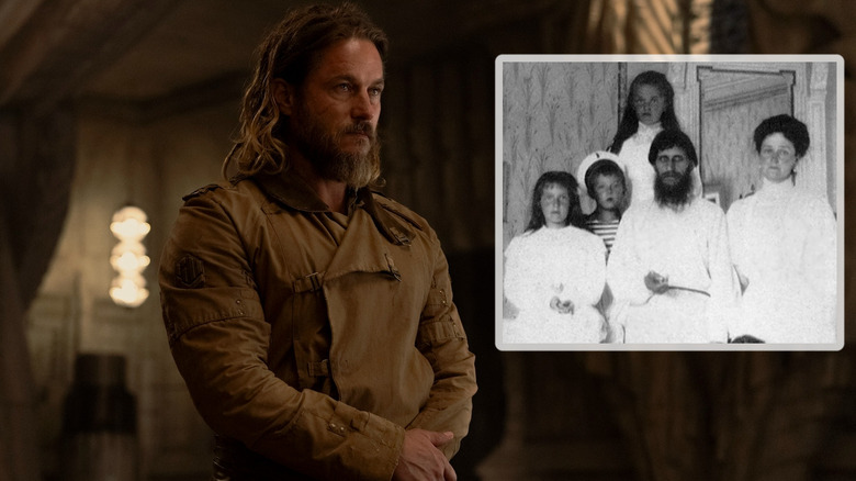 Travis Fimmel as Desmond Hart in Dune: Prophecy with a photo of Rasputin and the Russian royal family