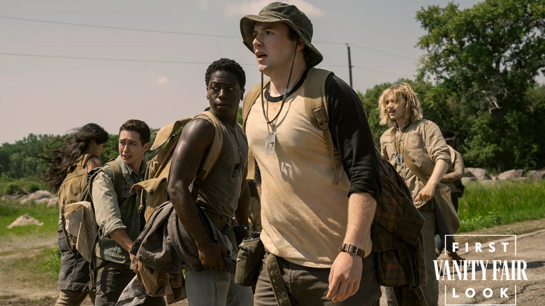 Jordan Gonzalez as Richard Harkness, David Jonsson as Peter McVries, Cooper Hoffman as Raymond Garraty, and Charlie Plummer as Gary Barkovitch in The Long Walk