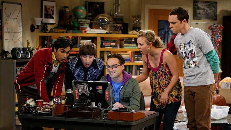 Raj Howard Penny and Sheldon gathered around Leonard's computer on The Big Bang Theory