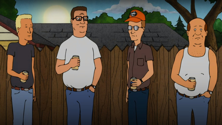 Hank Hill and his friends drinking beer outside in "King of the Hill"