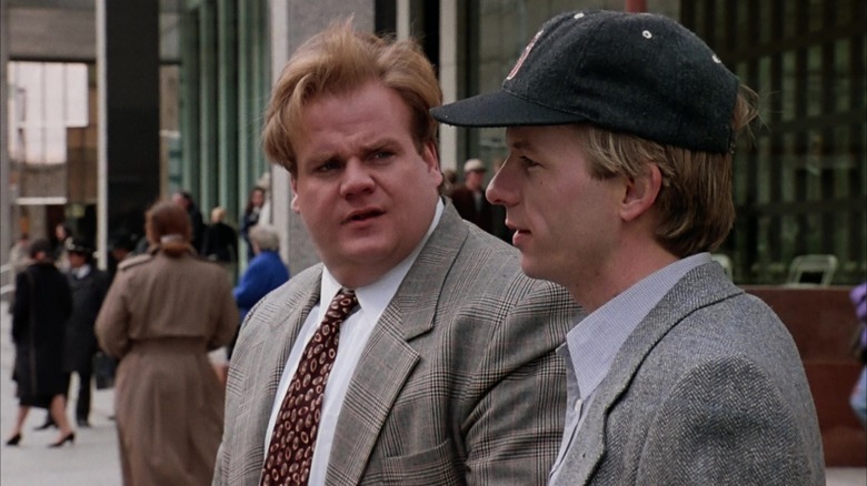 Tommy looking unexpectedly moved at Richard in Tommy Boy