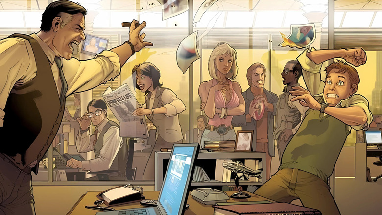 Diário Planet Newsroom Perry White gritando com Jimmy Olsen Clark Kent, Lois Lane e Cat Grant em fundo