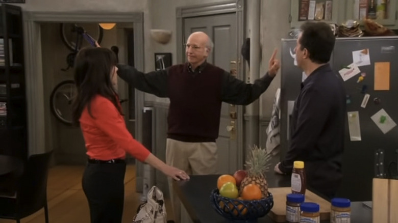 Larry David dressed as George Costanza in a Seinfeld reunion episode of Curb Your Enthusiasm
