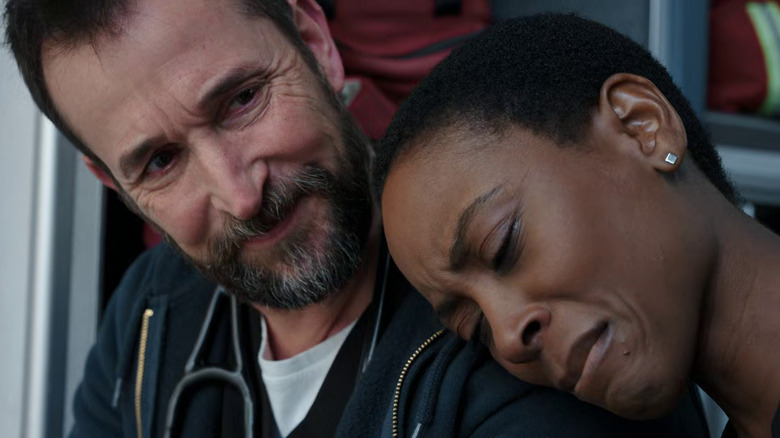 Dr. Robby consoling Dr. Collins on The Pitt