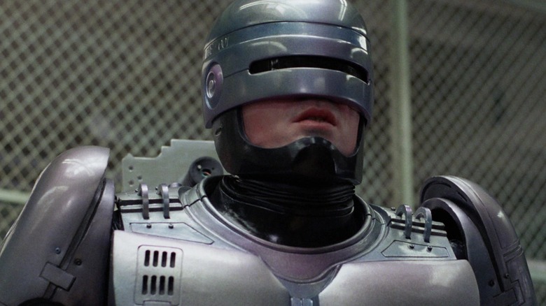 RoboCop looking up in surprise in RoboCop (1987)