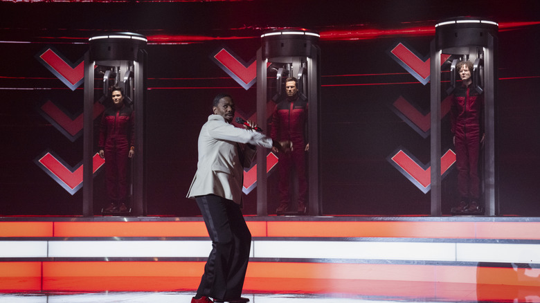 Jansky, Laughlin, and Ben Richards locked in their release tubes on the set of The Running Man