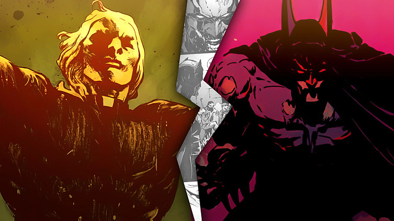 Composite image from Batman: The Cult, showing Deacon Blackfire and Batman