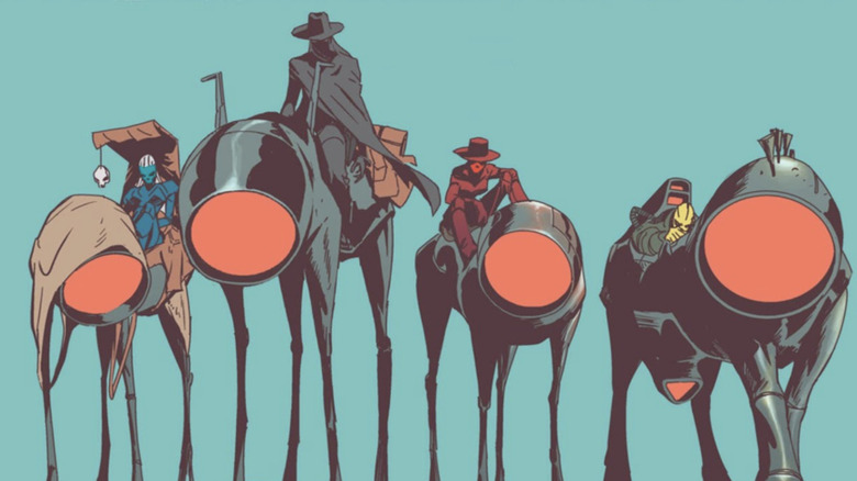 East of West: the Horsemen Conquest, Death, War, and Famine on their robotic horses