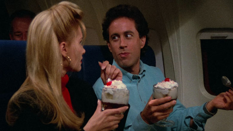Tia Van Camp and Jerry Seinfeld eating hot fudge sundaes on the plane in Seinfeld