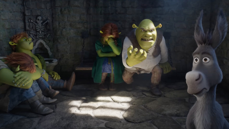 Donkey belts out Roxanne to the chagrin of Shrek, Fiona, and their sons in Shrek 5