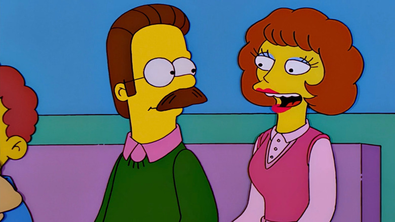Maude Flanders talking next to Ned on The Simpsons