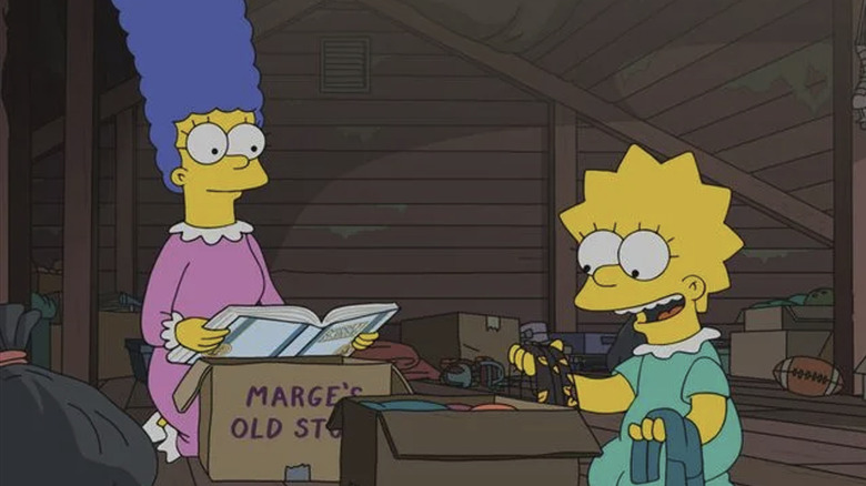 The Simpsons, Marge and Lisa in the attic going through Marge's old stuff