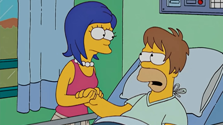 The Simpsons, young Marge and Homer in the '90s, Marge consoling Homer in his hospital bed