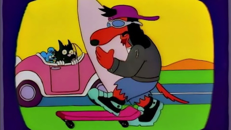 Poochie brandishes a surf board as Itchy and Scratchy drive by in a car in The Simpsons