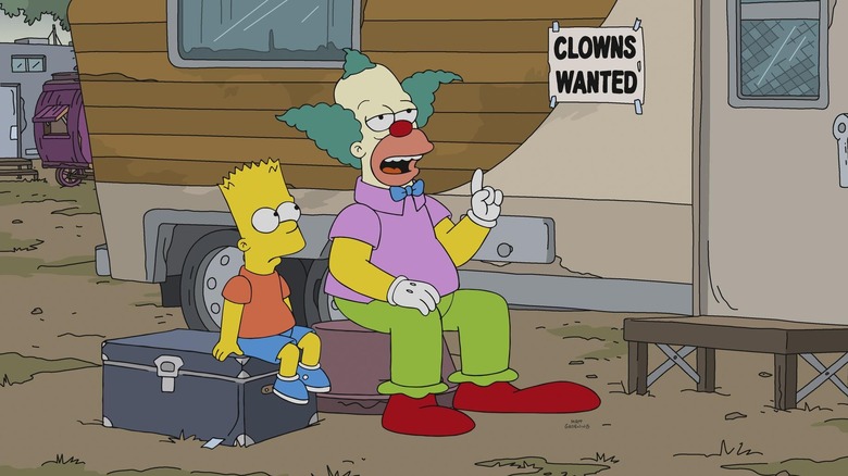 Bart sitting next to Krusty by a trailer with a "Clowns Wanted" sign in The Simpsons