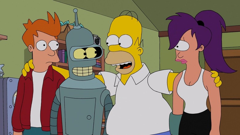 Fry, Bender, Homer and Leela standing side by side in The Simpsons