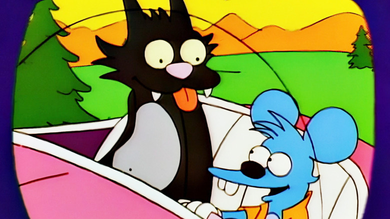 Itchy and Scratchy sit side by side in a car in The Simpsons