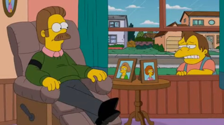 The Simpsons, Ned and Nelson mourning Krabappel