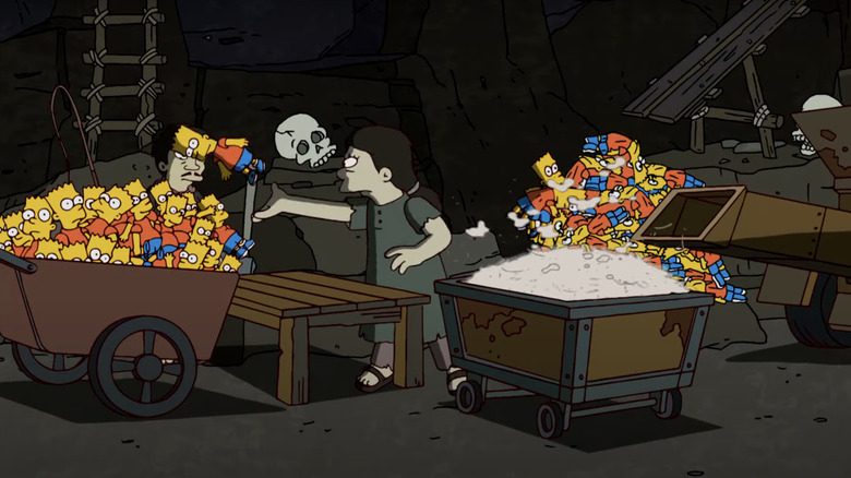 Bart Simpson dolls are thrown into a cart by workers in an underground cavern in The Simpsons