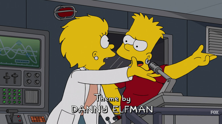 The Simpson family, Lisa, who is in a laboratory suit, is arguing with adults Bart (has a field)