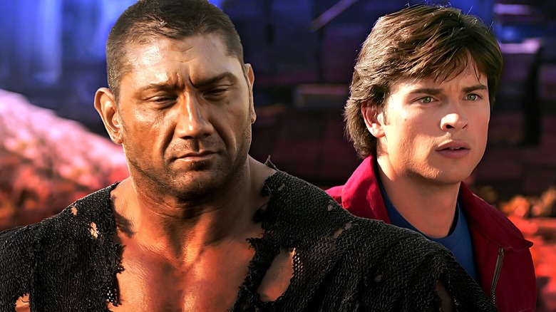 Dave Bautista as Aldar and Tom Welling as Clark Kent standing side by side in Smallville