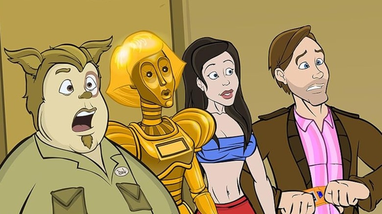 Barf, Dot, Vespa, and Lone Starr looking amazed in Spaceballs: The Animated Series