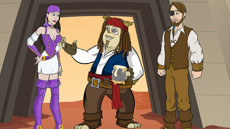 Princess Vespa, Barf, and Lone Starr dressed as pirates in Spaceballs: The Animated Series