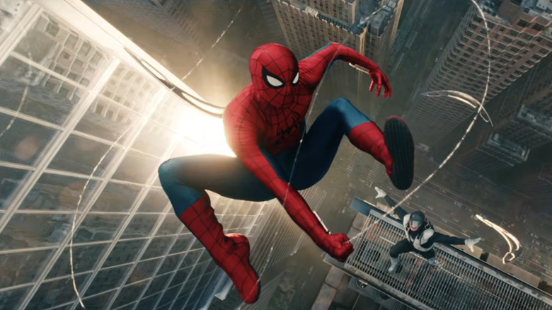 Tom Holland as Spider-Man web-slinging through New York City in Spider-Man: Brand New Day