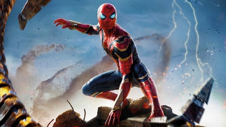Spider-Man: No Way Home poster - Spider-Man posed, surrounded by Doc Ock's tentacles