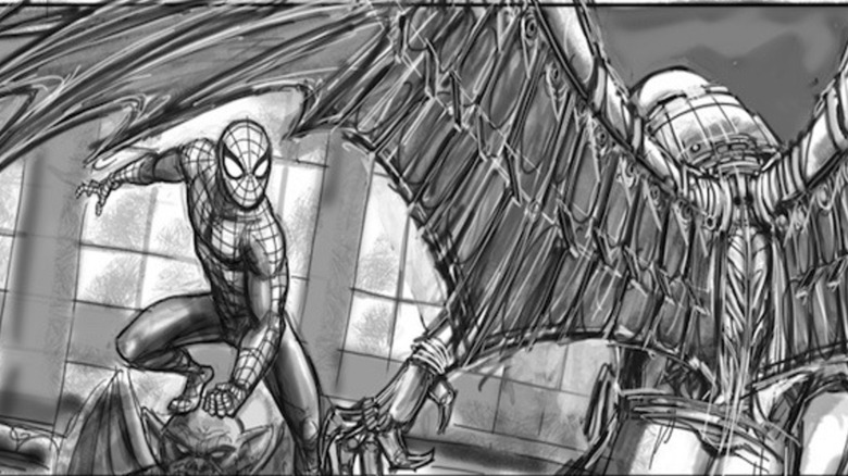 Spider-Man 4 concept art, Spider-Man perched with Vulture looming