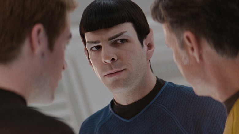 Spock Eying Pike while Kirk looks at Star Trek (2009)
