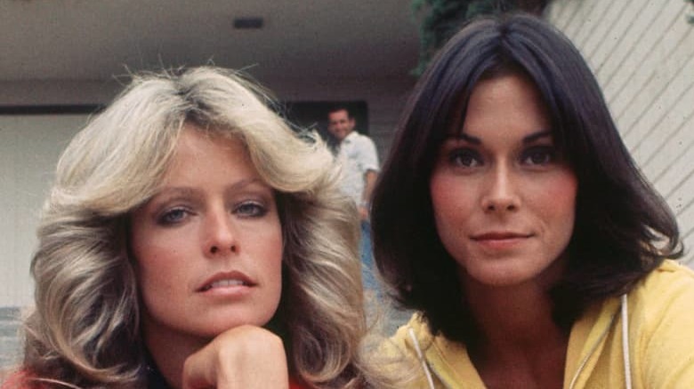 Farrah Fawcett and Kate Jackson on the set of Charlie's Angels.