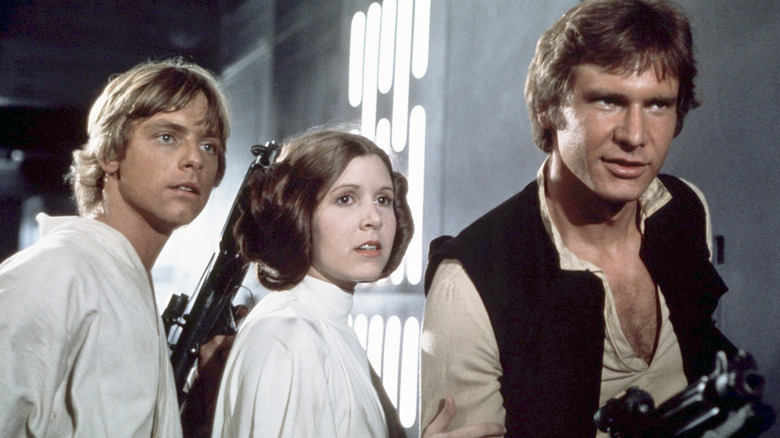 Luke, Leia, and Han Solo together in Star Wars: A New Hope (1977)