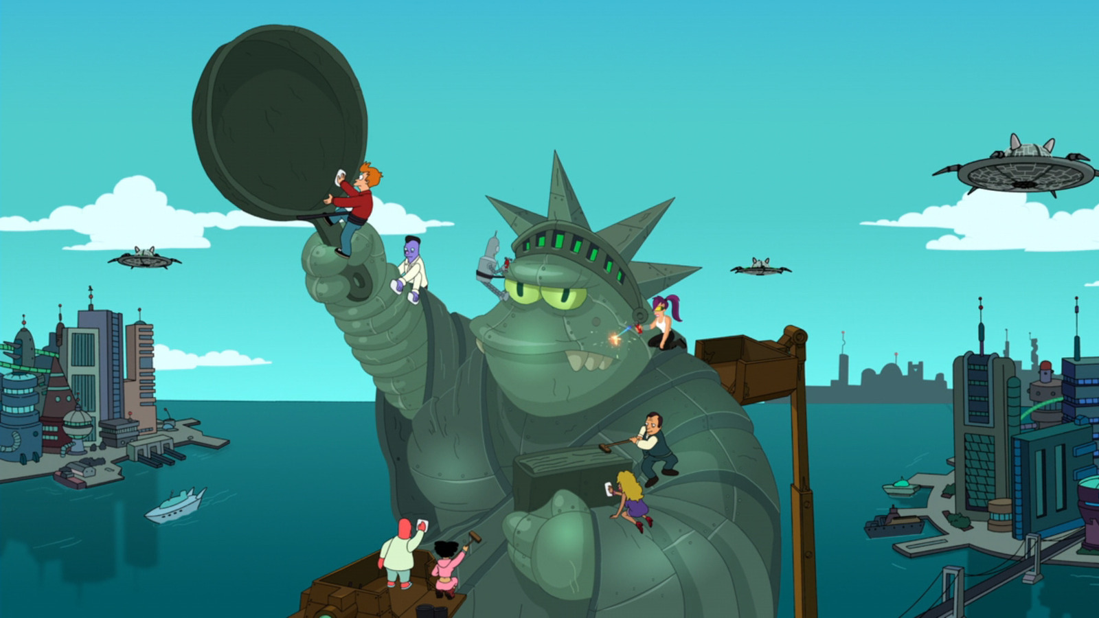 A estátua da liberdade salvou a vida de Fry em uma piada de Futurama