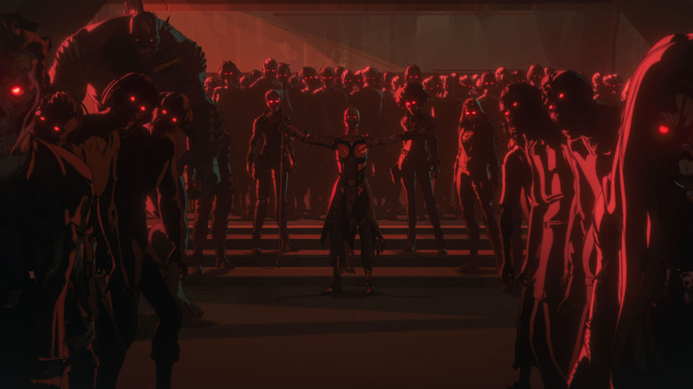 A horde of zombies standing in red hues on Marvel Zombies