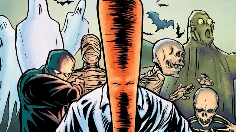 The Flaming Carrot stands before some creepy characters